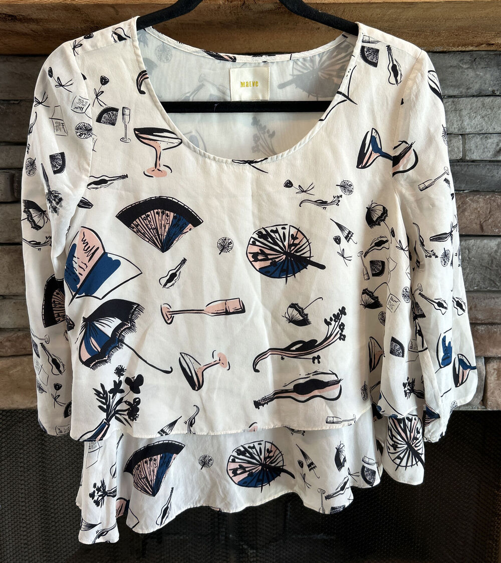 womens anthropologie MAEVE on the town violin silk blouse shirt sz 2 *A4